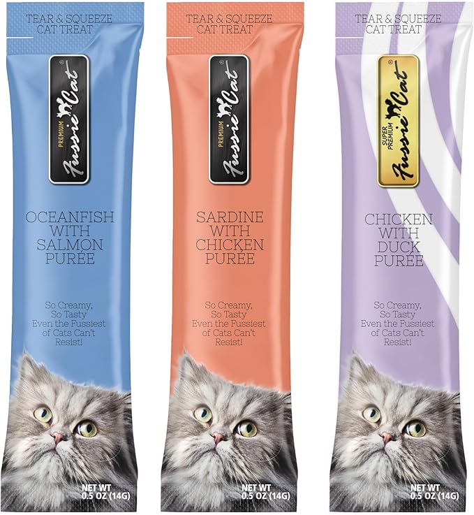 Fussie Cat Premium Puree Lickable Cat Treats in Chicken Puree, Lickable Treats, 3 Packs of 4-0.5oz Tubes,(12 Total Tubes) Variety Flavor Pack of 3 Flavors. Oceanfish, Sardine, Chicken + Lid