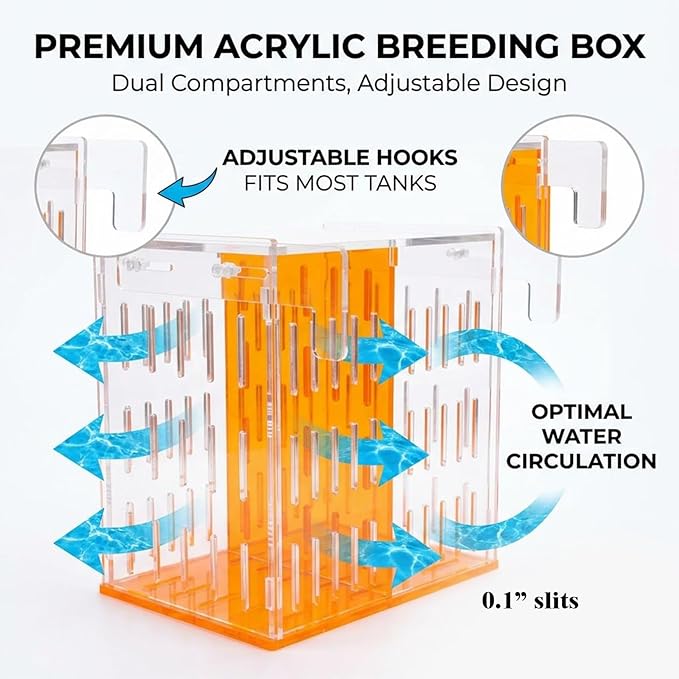 Aquarium Isolation & Acclimation Box, Acrylic Breeder Box with Long Handle Net for Fish Tank - Hatchery Incubator for Shrimp, Betta, Guppy, Baby Fish (Orange, 7.84x5.71x7.87 in)
