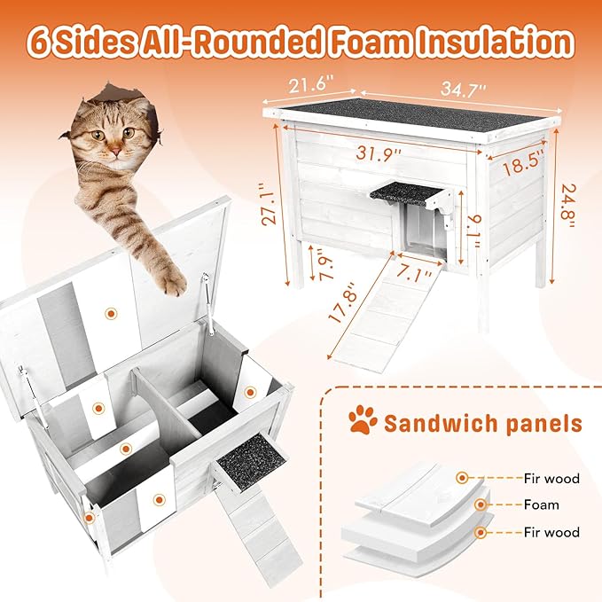 BRIOPAWS Outdoor-Cat-House-Insulated | Feral-Cat-Shelter for Winter | Weatherproof | Large Wooden Pet House for Multiple Cats | Foldable Ladder | Acrylic Side Window | White