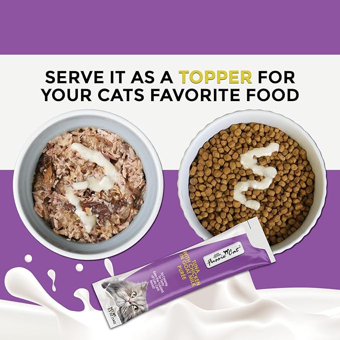 Fussie Cat Premium Tuna with Chicken in Goat Milk Puree, lickable cat Treats, 0.5oz Pouch Pack of 4