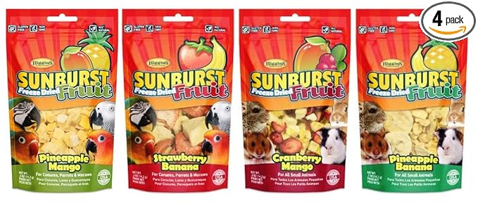 Higgins Sunburst Freeze-Dried Fruit Gourmet Treat 4 Flavor Variety Bundle, (1) Each: Pineapple Mango, Strawberry Banana, Cranberry Mango, Pineapple Banana (.5 Ounces)