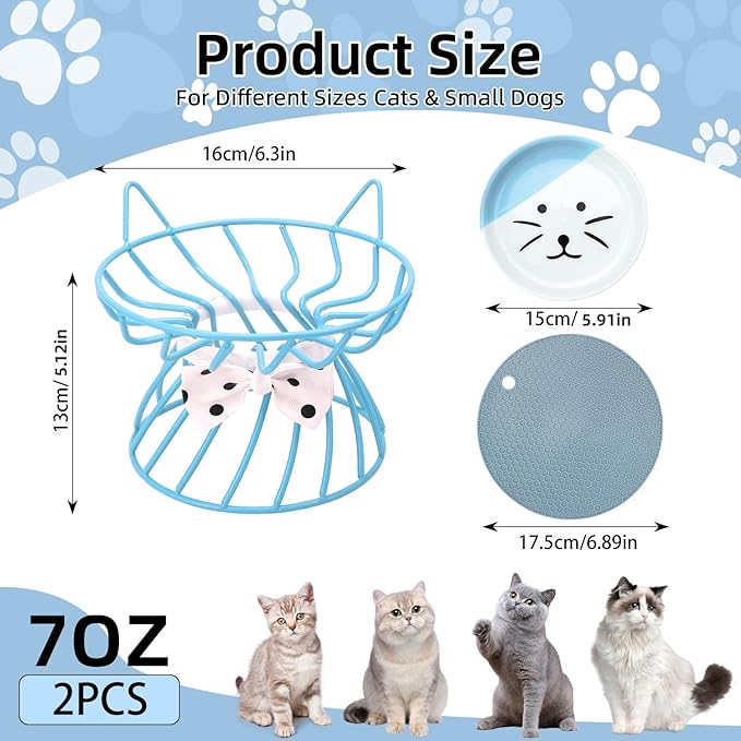 2PCS Ceramic Shallow Cat Food Dishes with Non-Slip Mat, Elevated Cat Food Bowl with Raised Metal Stand, Small Dog Bowl, Whisker Fatigue Pet Food Plate, Dishwasher Safe