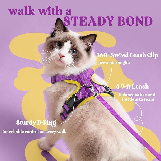 rabbitgoo Cat Harness and Leash for Walking, Escape Proof Soft Adjustable Vest Harnesses for Cats, Easy Control Breathable Reflective Strips Jacket, Purple&Yellow,XS