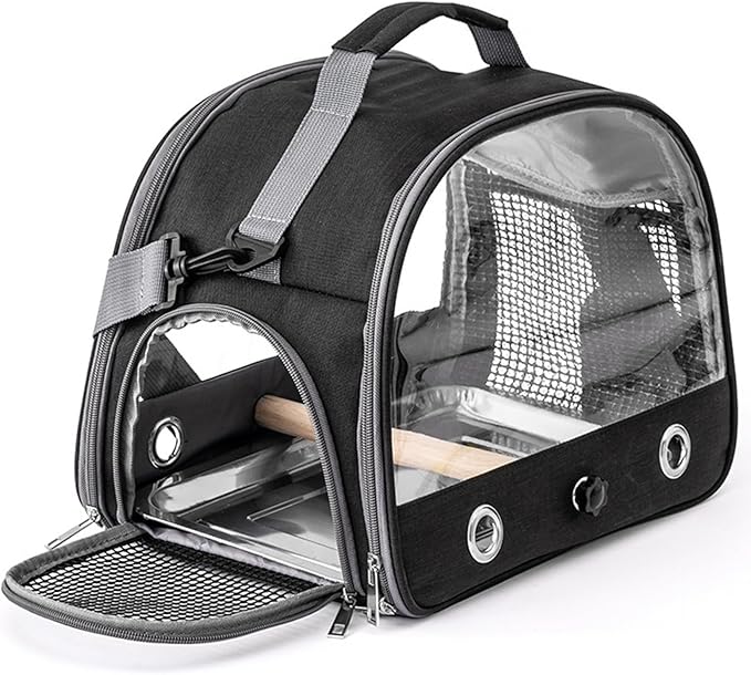 Portable Bird Cage Bird Carriers Foldable Panoramic View with Perch Removable Tray for Parrot Hamster Hedgehog Rabbit Sugar Glider (Black)