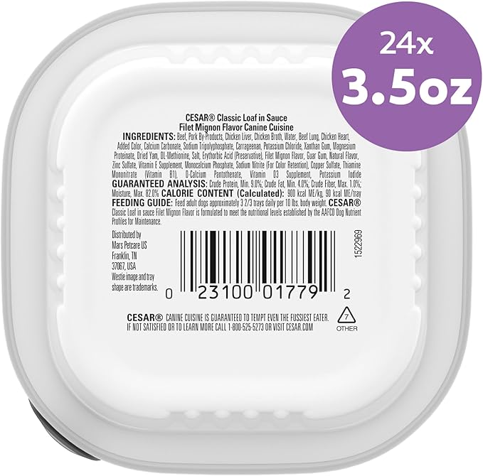 Cesar Classic Loaf in Sauce Adult Wet Dog Food Filet Mignon, 3.5 oz. Easy Peel Trays, 24 Count (Pack of 1)