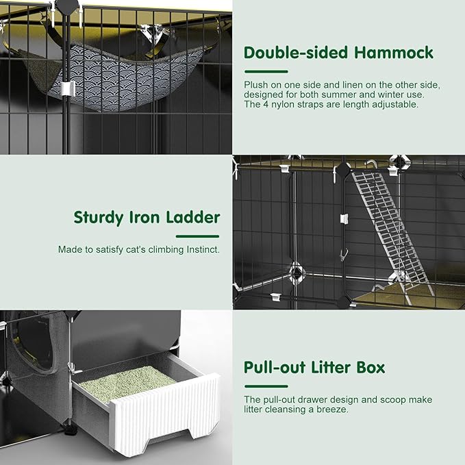 3-Tier Cat Cage, Indoor Cat Enclosures with Litter Box Hammock Ladders, DIY Cat Playpen Detachable Metal Wire Kennels Kitten Crate Cats House Large Exercise Place for 1-2 Cats/Kitten, 28"x14"x42"