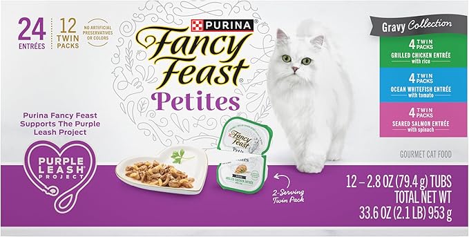 Fancy Feast Purina Gourmet Wet Cat Food Variety Pack,Petites Gravy Collection,Break-Apart tubs,48 Servings - 2.8 oz. Tubs,(Pack of 24)