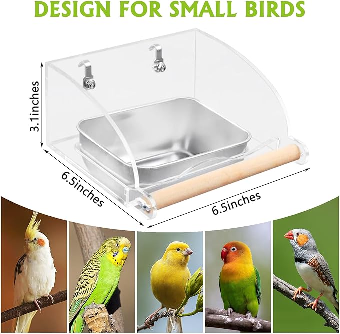 BNOSDM No Mess Bird Feeder for Cage with Stainless Steel Food & Water Bowl Wood Anti-Slip Perch Stand with Acrylic Parakeet Seed Dishes for Cockatiel, Lovebird, Canary, Finch, Conure (Hook)