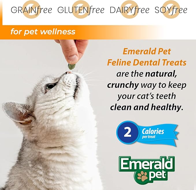 Emerald Pet Grain-Free Cat Dental Treats with Catnip – Crunchy Natural Dental Treats for Cats to Clean Teeth, Freshen Breath, and Reduce Plaque & Tartar – 11 oz Tub