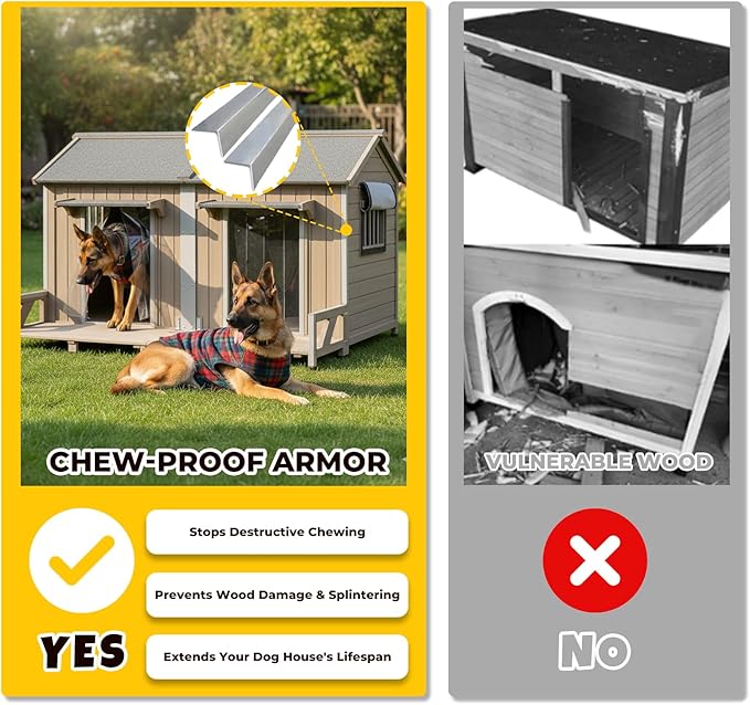 59" L Extra Large Dog House Outdoor for 2 Dogs, XL Wooden Dog House Pet Shelter Weatherproof with 2 Window, Openable Roof, All-Around Iron Frame, Removable Floor, Balcony for Large Small Dogs