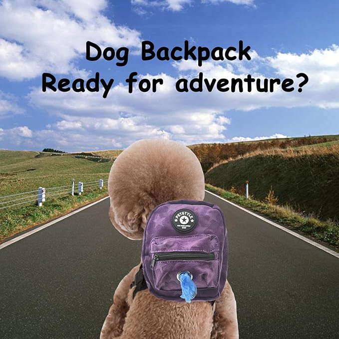 FLAdorepet Dog Backpack Harness with Leash, Dog Poop Bag Dispenser, Pet Self Carrier Adjustable Travel Hiking Walking Harness Backpack for Small Medium Dogs (S((Fit:5-10lb) Purple)