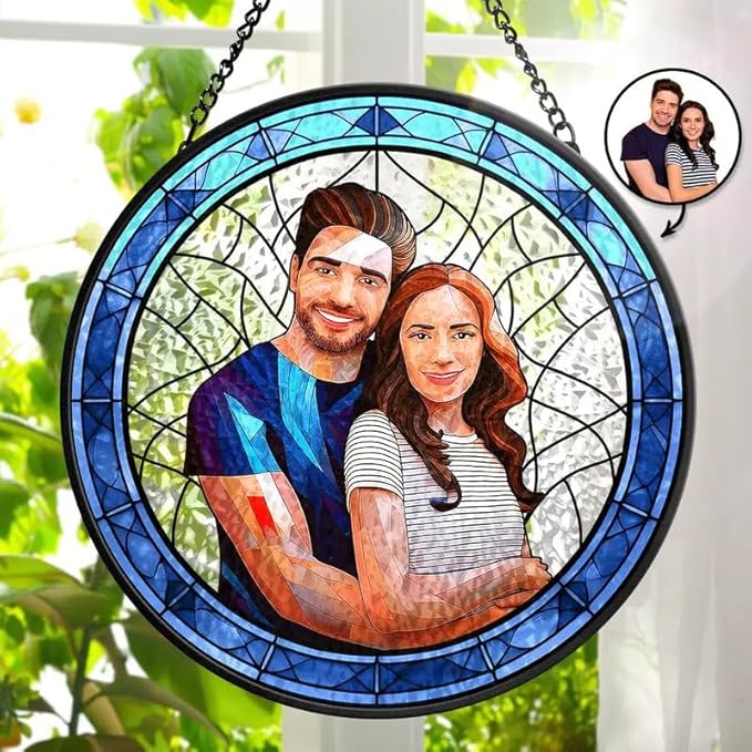 Personalized Couples Photo Stained Glass Catcher, Custom Photo Portrait Couple Family Stained Glass Window Hanging Catcher, Gifts for Newlyweds, Wedding, Couple, Valentine's Day Gift/20