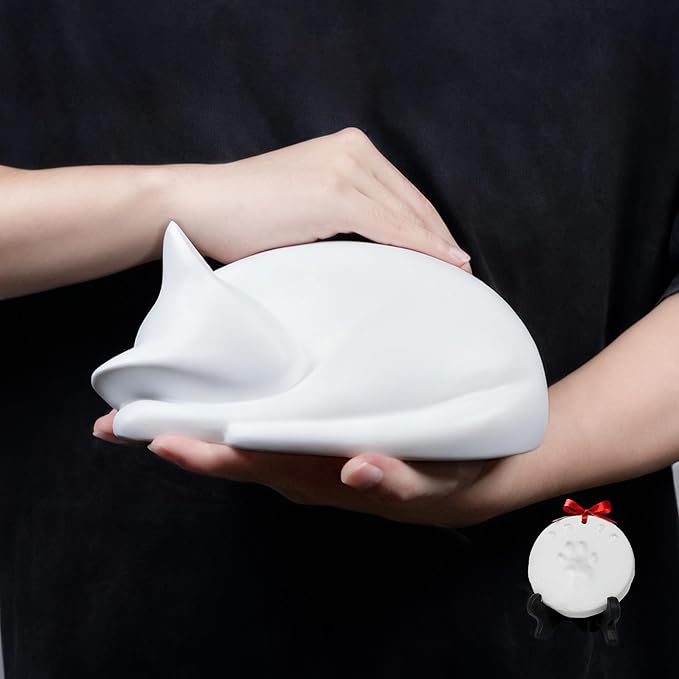 Sleeping Cat Urn for Ashes with Paw Print Kit, Capacity 0.5L, Carefully Handmade Resin Pet Urns for Cats, Thoughtful Pet Loss Gifts and Cat Memorial for Ashes Keepsake (White)