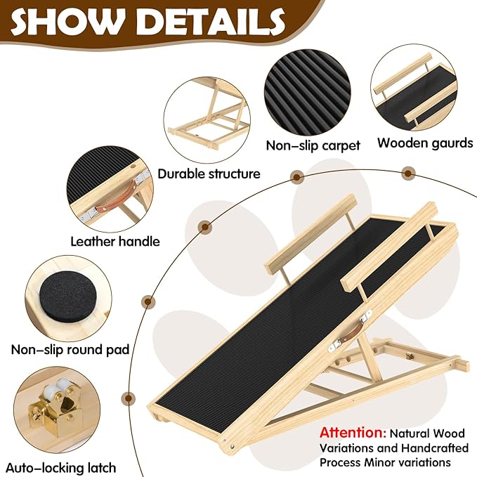 Dog Ramp for Couch, Bed or Car, Wooden 44" Long Pet Stairs for Small & Large Old Dogs & Cats, Hold up to 200lb, 5 Adjustable Height from 14.96" to 22", Portable Doggie Steps, Excellent Traction