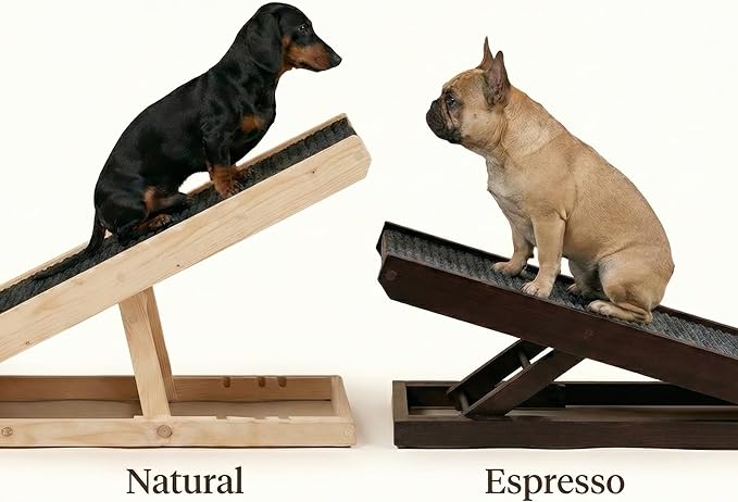 AlphaPaw - Original Natural Wood PawRamp for Small & Large Dogs - No Assembly Required - Adjustable Height Pet Ramp for Bed, Couch, Stairs (Dark Brown)