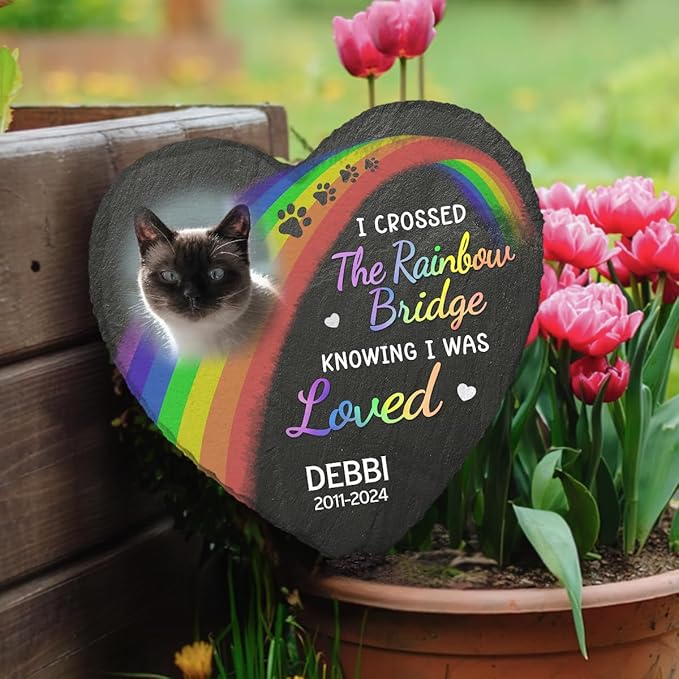 DOPTIKA I Cross The Rainbow Bridge Cat Memorial Gifts, Personalized Pet Memorial Stones, Cemetery Decorations for Grave, Cat Memorial Gifts for Loss of Cat, Pet Loss Gifts, Cat Remembrance Gifts