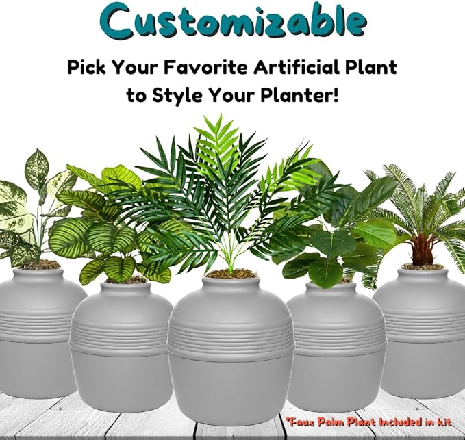 Good Pet Stuff Hidden Litter Box Planter, Decorative Cat Litter Enclosure with Carbon Filter, Artificial Plant, Easy Clean, Removable Liner, Round Style, Essentials Kit, Pebble Gray