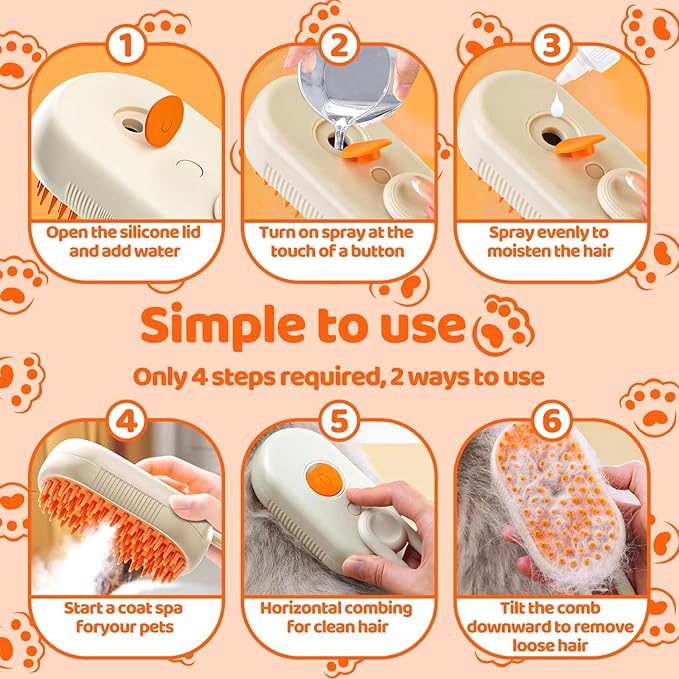 Pet Steam Brush, Shower Bath Brush, Grooming Water Brushes for Long & Short Haired Pets, Cat Steam Brush, Dog Brush for Shedding, Mist Spray Hair Removal Comb (Orange)