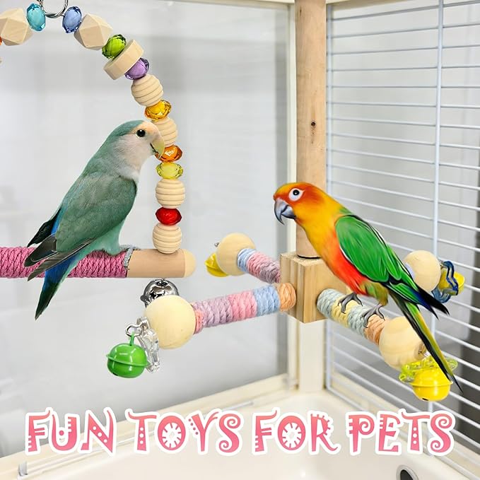 2 Pcs Parakeet Toys with 9 Inch Hanging Perch & 7.8 Inch Wooden Swing,Wooden Bird Cage Accessories to Relieve Boredom and Anxiety,Ideal for Parrots, Budgies, Cockatiels and Other Pet Birds