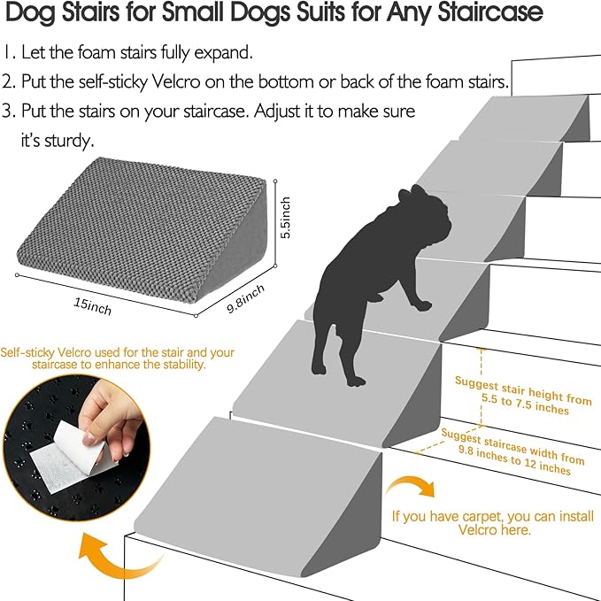40D Dog Ramp for Stairs for Small & Senior Dogs and Cats – Non-Slip Stair Ramp for Dogs with Gentle Slope, Pet Ramp with Washable Cover & Self-Sticky Pads for Safe Climbing Easy Install(Grey, 3 Pack)