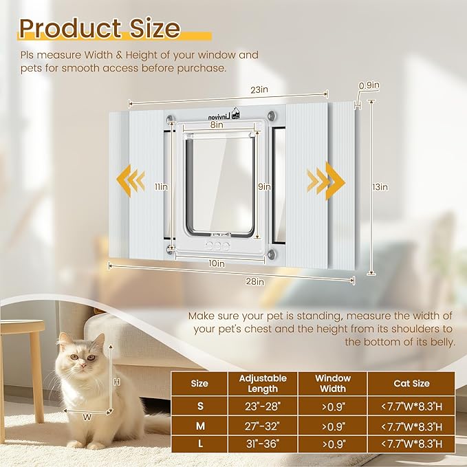Cat Door for Window, Quick Installation Adjustable Width of 23"-28", Cat Window Door with 4 Locking Modes, Magnetic Closure Design, Weatherproof Aluminum Frame Cat Door Window Insert