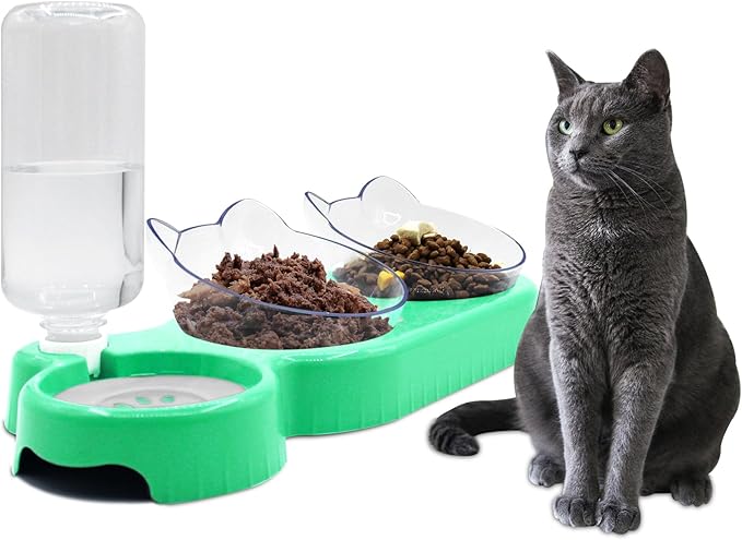 Triple Cat Bowls - 15 Tilt 3-in-1 Water Feeder Bowls with Automatic Water Bottle, Whisker Friendly Elevated Feeding Dishes for Small Cats and Puppies (Mint Green)