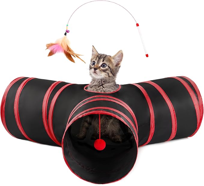 Love’s Cabin Cat Tunnel for Indoor Cats, 3-Way Collapsible Play Tunnel with Teaser Wand, Peek Holes & Toy Ball, Small Pet Toy for Kittens & Rabbits, Black & Red, Small Size