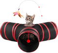 Love’s Cabin Cat Tunnel for Indoor Cats, 3-Way Collapsible Play Tunnel with Teaser Wand, Peek Holes & Toy Ball, Small Pet Toy for Kittens & Rabbits, Black & Red, Small Size