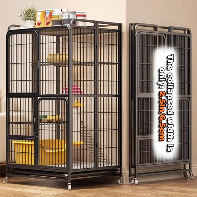 Multi-Tier Collapsible Cat Cage Crate, cat playpen for Indoor with 360° Wheels, Metal Wire Cat Kennel with Secure Lock, Large Ferret Playpen for Adult Cats Kitten Chinchilla (Black 4-Tier)