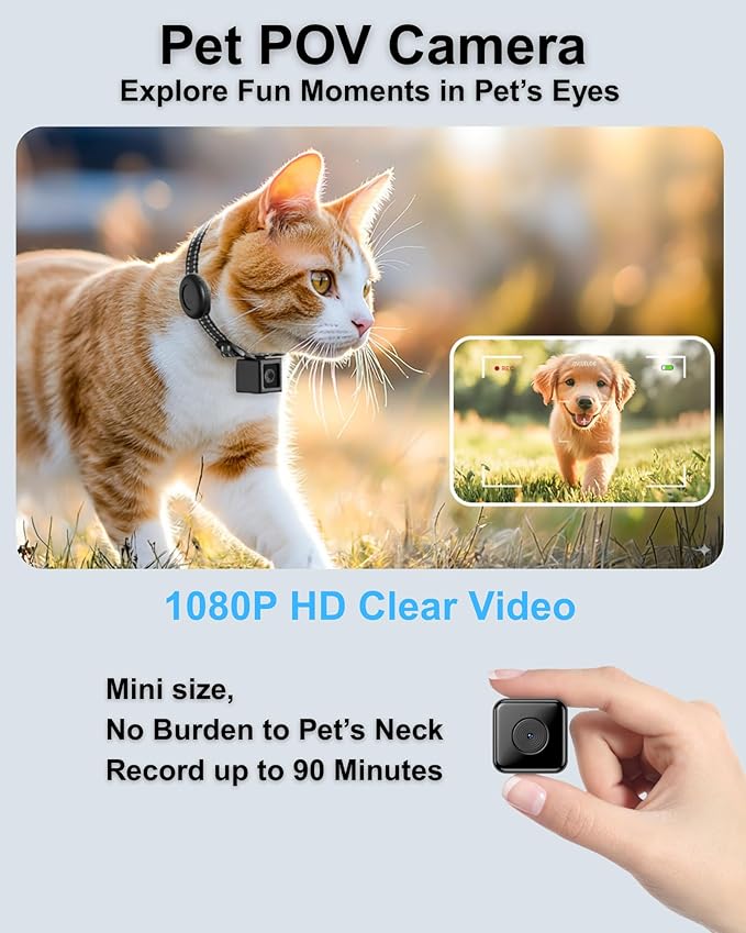 Cat Camera Collar with Tracker Tag, 1080P HD Video Recording Pet POV Cam, NO WiFi NO APP, Body Camera for Cat/Dog Tracking — Lightweight, Night Vision, Easy Playback