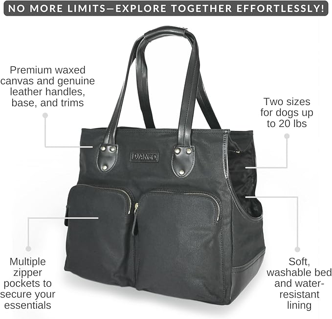 DJANGO Waxed Canvas & Leather Dog Carrier Tote Bag – Premium Soft-Sided Travel Dog Purse with Safety Leash, WR Lining, & Large Zipper Pockets – Everyday Pet Carrier for Small Dogs (Black, Medium)