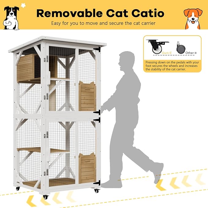 OFIKA Cat House Catio Outdoor Enclosure with Waterproof Roof,71'' cat House & Condos on Wheels for Outdoor Patio,Cat Window Box,Scratching Post（White）