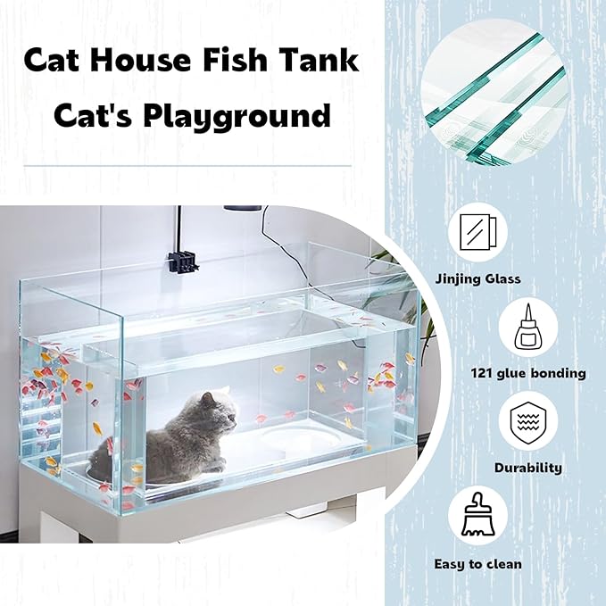 20 Gallon Cat Bed Aquarium Fish Tank - Immersive Viewing Glass Cat Cave, Cat Entertainment Equipment with Tunnel for Indoor Cats, Turtle & Betta（31.5x15.7x17.7in） A 31.5x15.7x17.7in