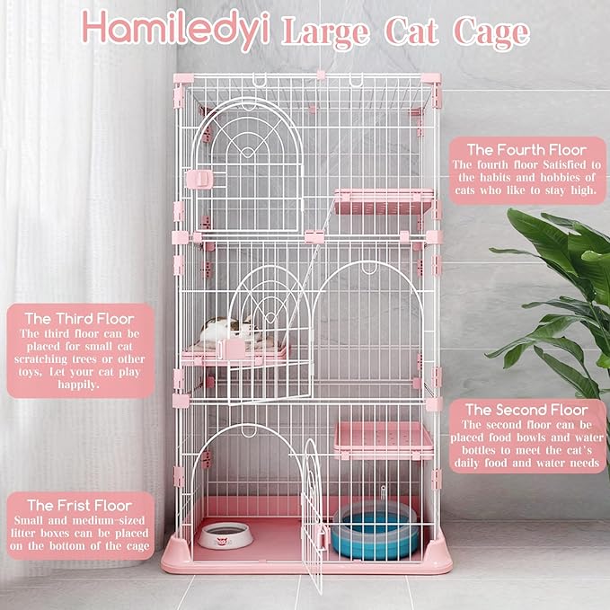 Hamiledyi 4-Tier Cat Cage Indoor Large Cat Enclosure with 1 Ramp Ladders 3 Platforms 3 Doors Metal Cat Playpen Outdoor Kitten Cage for 1-3 Small and Medium Pets (Pink)
