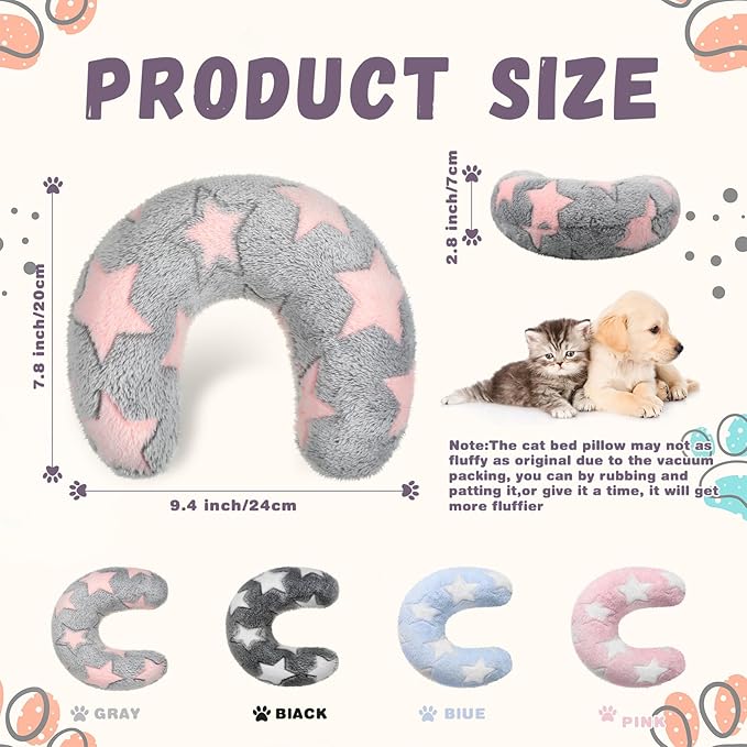 Sweetude 4 Pcs Pillows for Cats Puppy Bed Fluffy Pet Calming Soft Gifts Half Donut U Shaped Pet Neck Pillow Training Joint Relief Cervical Protection(Star,Medium)