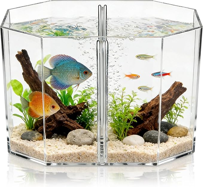 ERINGOGO Octagonal Acrylic Fish Breeding Tank Divider Box, High Transparency Dual-Compartment Isolation Hatchery for Betta and Small Tropical Fish, Aquarium Supply for Desktop Micro