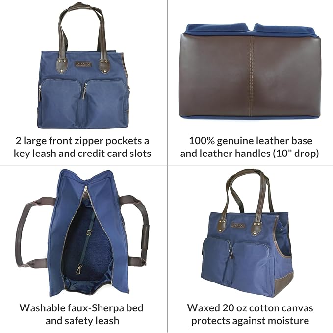 DJANGO Waxed Canvas & Leather Dog Carrier Tote Bag – Premium Soft-Sided Travel Dog Purse with Safety Leash, WR Lining, Zipper Pockets – Everyday Pet Carrier for Small Dogs up to 20 lbs (Navy, Large)