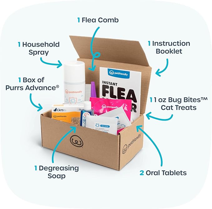 Flea Killer Kit for Cats – Fast-Acting Flea Treatment & Home Spray – Includes Oral Tablets, Purrs Advance Topical, Flea Comb, Degreasing Soap & More (9lbs and Over)