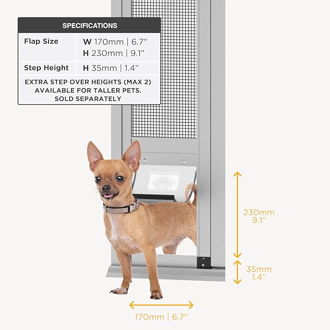 Hakuna Pets V2 Patio Pet Door Screen Insert Panel for Sliding Doors, Fits Door Track Min Ht 55.12" to Max Ht 84.25", UV Resistant Mesh, Locking Magnetic Dog Door, Easy Install and Removal,Small,Silver