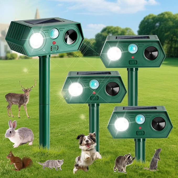 4Pack 2026 Ultrasonic Animal Repellent Outdoor Deer Repellent Devices Solar Animal Repeller Motion Activated Deterrent to Scare Cat Squirrel Rabbit Raccoon Skunk with LED Flash Lights for Yard Lawn
