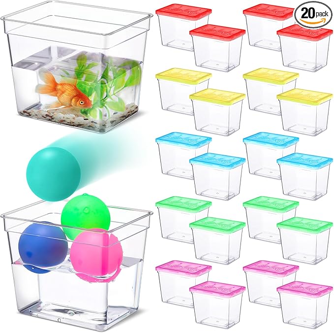 Domensi 20 Pack 12oz Plastic Fish Bowls with 100 Table Tennis Carnival Game Favors Rectangle Gold Fish Bowls with Multicolor Balls Bulk for Adults Kids Candy Carnival Party Decoration Favors Supplies