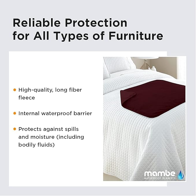 Mambe Silky Waterproof Throw for Protecting Furniture Bed Couch from Stains Caused by Dogs, Cats, Incontinence. Soft, Washable, Reversible. (Size Medium 70x70 inches, Color Merlot)