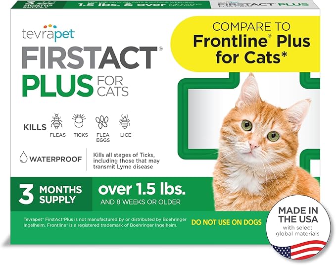 TevraPet FirstAct Plus Flea and Tick Topical for Cats over 1.5lbs, 3 Dose Waterproof Flea and Tick Control/Prevention for 3 Months