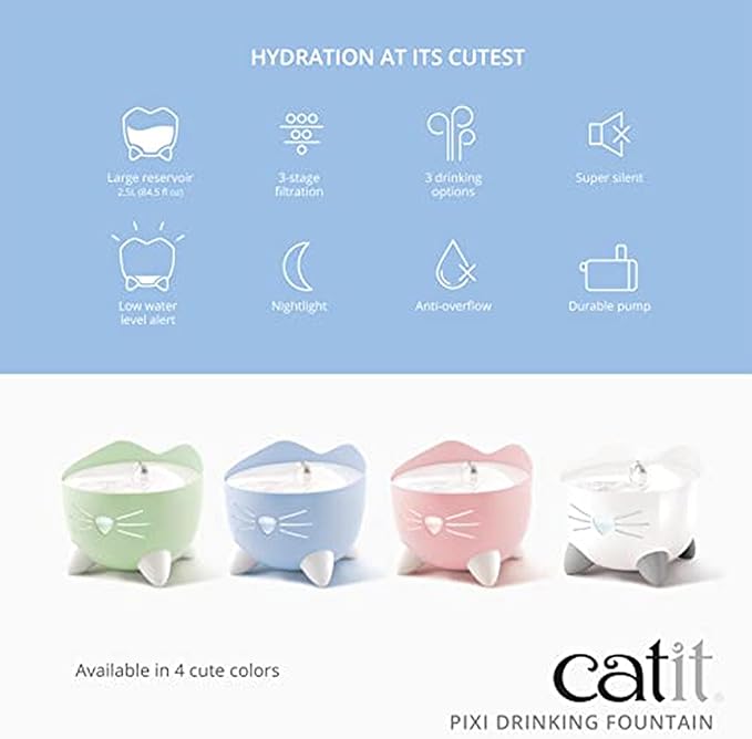 Catit PIXI Drinking Fountain – Cat Water Fountain with Triple Filter and Ergonomic Drinking Options, White