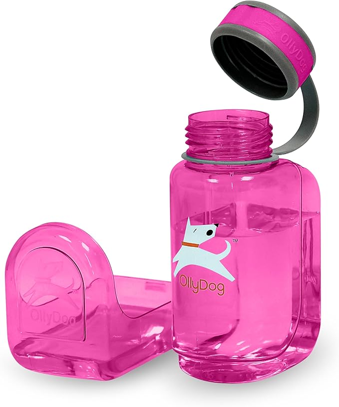 OllyDog OllyBottle | Tritan Dog Water Bottle with Detachable Bowl | BPA Free Leakproof Pet Dispenser | Hiking Travel (600ML, Hot Pink)