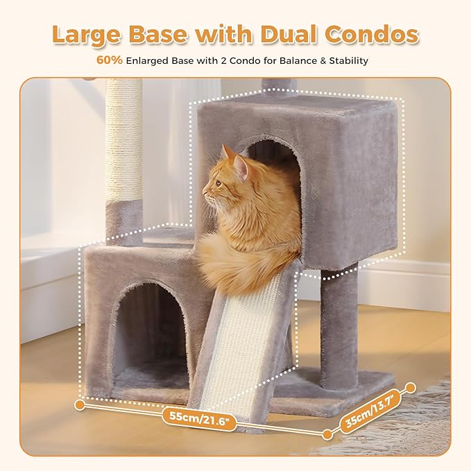 PAWZ Road Cat Tree, 35 Inches Cat Tower with Dual Condos for Adult Cats,Enlarged Top Perch, Scratching Posts&Pad for Indoor Cats-Gray