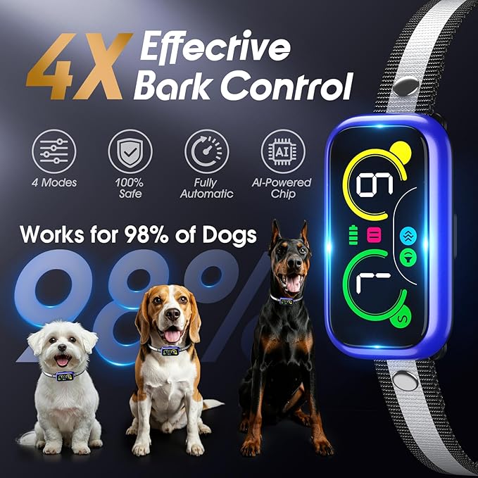 Dog Bark Collar Pro, Instant Bark Solution, Smart Anti Barking Device with 4 Correction Modes, Fast-Acting Barking Collar for for Large Medium Small Dogs 5-150lbs, Ideal for Home & Outdoor Use