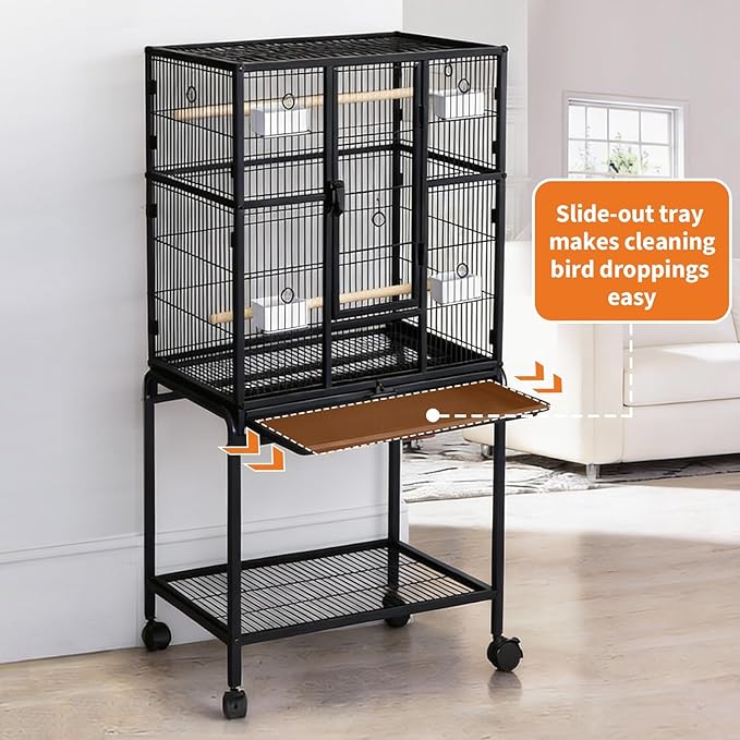 Extra Tall Large Bird Cage with Stand – 62" Flight Cage on Wheels for Parakeets, Parrots, Conures, Lovebirds, Cockatiels – Sturdy Metal Aviary, Black – Spacious Home for Birds – Model