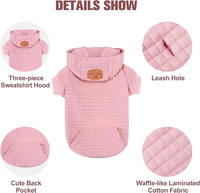 BEAUTYZOO Small Dog Hoodie Sweater with Pockets, Dog Clothes for Small Medium Dogs Boy Girl, Waffle-like Laminated Cotton Pet Coats with Hat and Leash Hole, All Weather Coat for Puppy Doggie Chihuahua