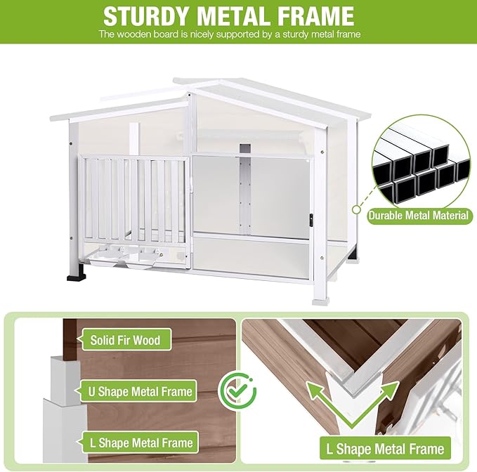 GUTINNEEN Large Outdoor Insulated Dog House Weatherproof Dog Kennel Dog Shelter with Chew-Proof Full Metal Frame, 360° Rotatable Spill-Proof Bowl, Openable Roof for Large Dog Breeds, 39.7" L